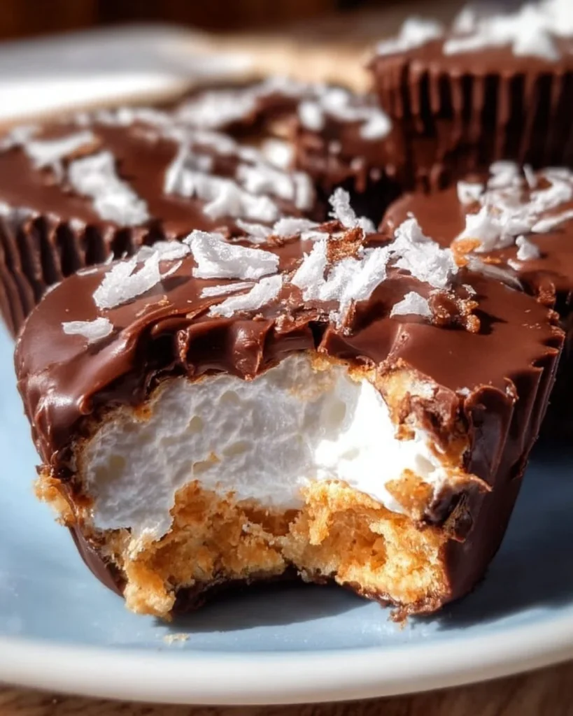 Delicious homemade chocolate marshmallow cups filled with fluffy marshmallow.