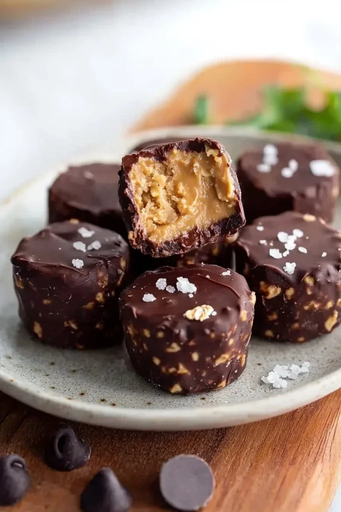 Homemade chocolate peanut butter bites arranged on a plate