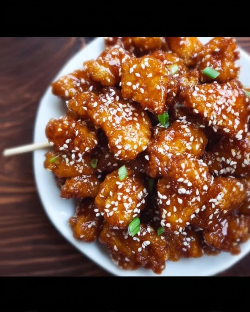 Plate of homemade crispy sesame chicken topped with sesame seeds and green onions.