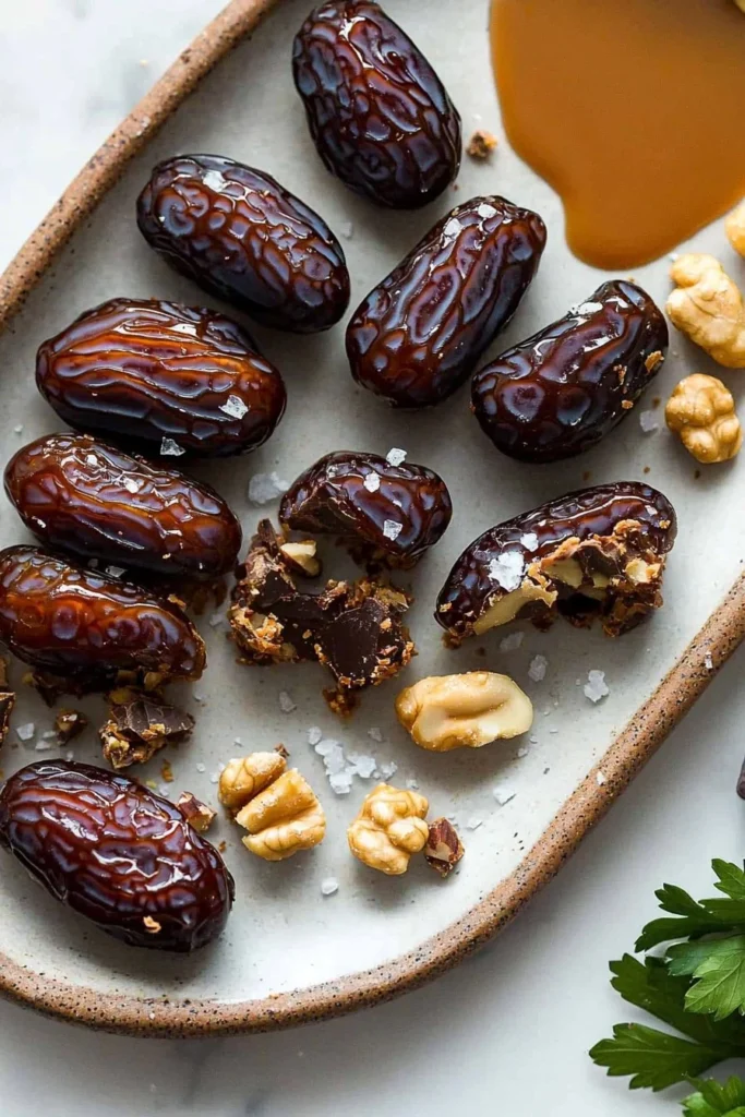 Homemade date chocolate caramel treat on a plate with toppings