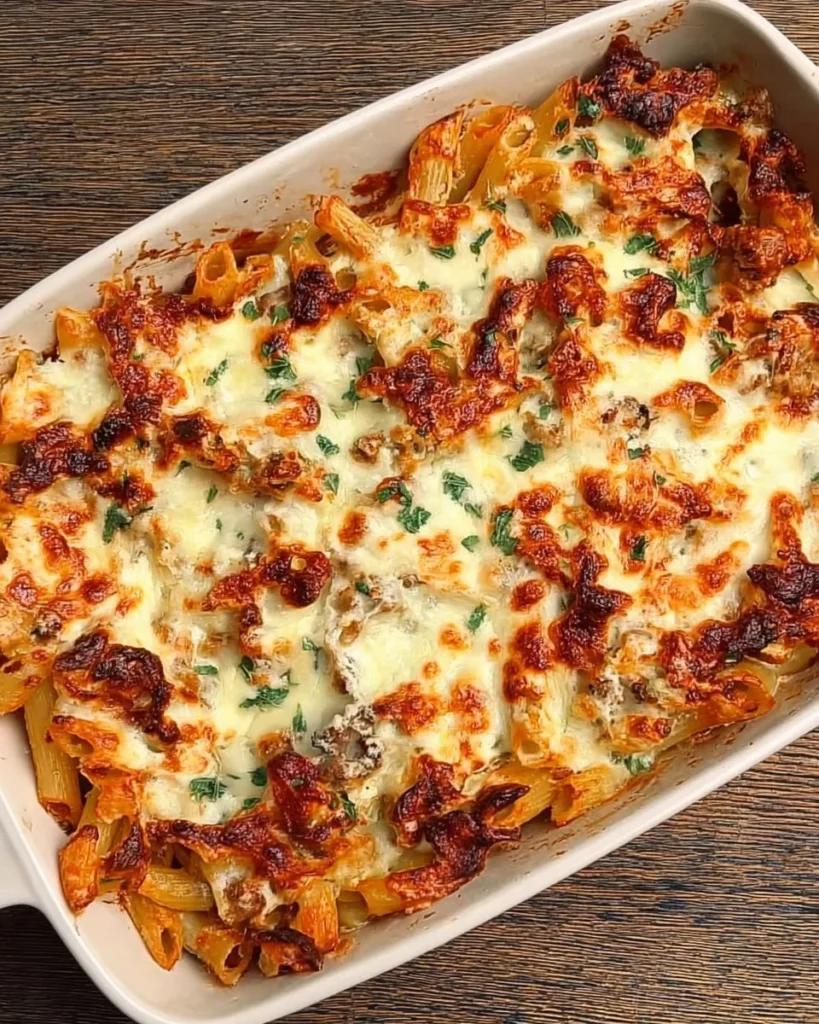 Homemade pasta bake with cheese and fresh ingredients in a baking dish