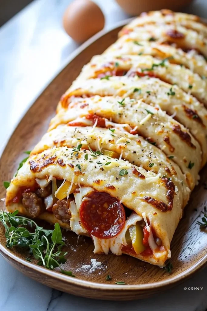 Homemade Stromboli with cheese and pepperoni on a wooden cutting board