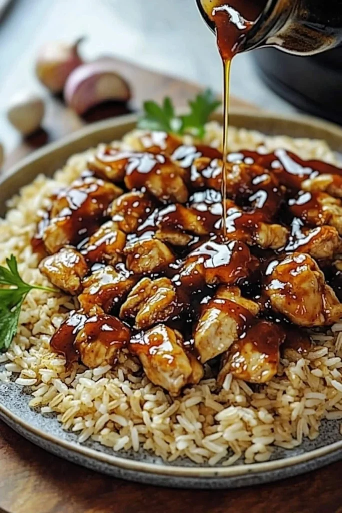 Delicious Honey BBQ Chicken served over a bed of rice