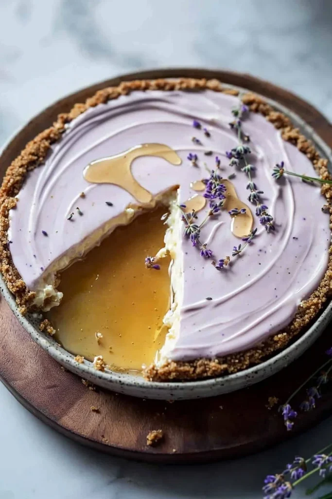 Delicious Honey Lavender Cheesecake topped with lavender buds and honey drizzle.