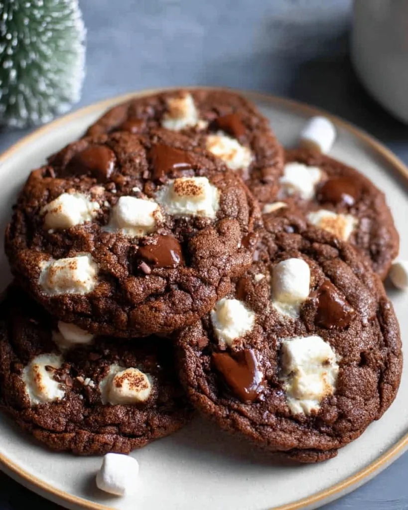 Delicious hot chocolate cookies with melted chocolate chunks on a plate