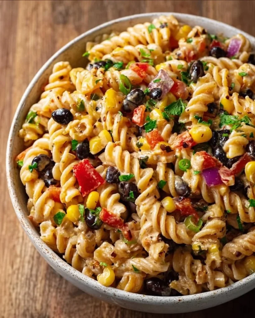 High Protein Southwest Pasta Salad with fresh vegetables and protein-rich ingredients