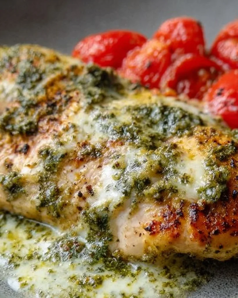 Delicious Keto Pesto Chicken served on a plate with fresh basil.