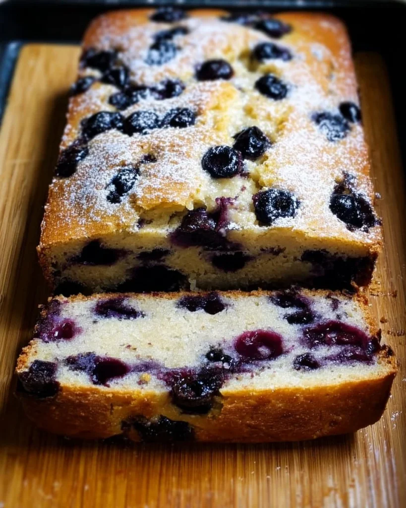 Freshly baked lemon blueberry bread with vibrant blueberries on top
