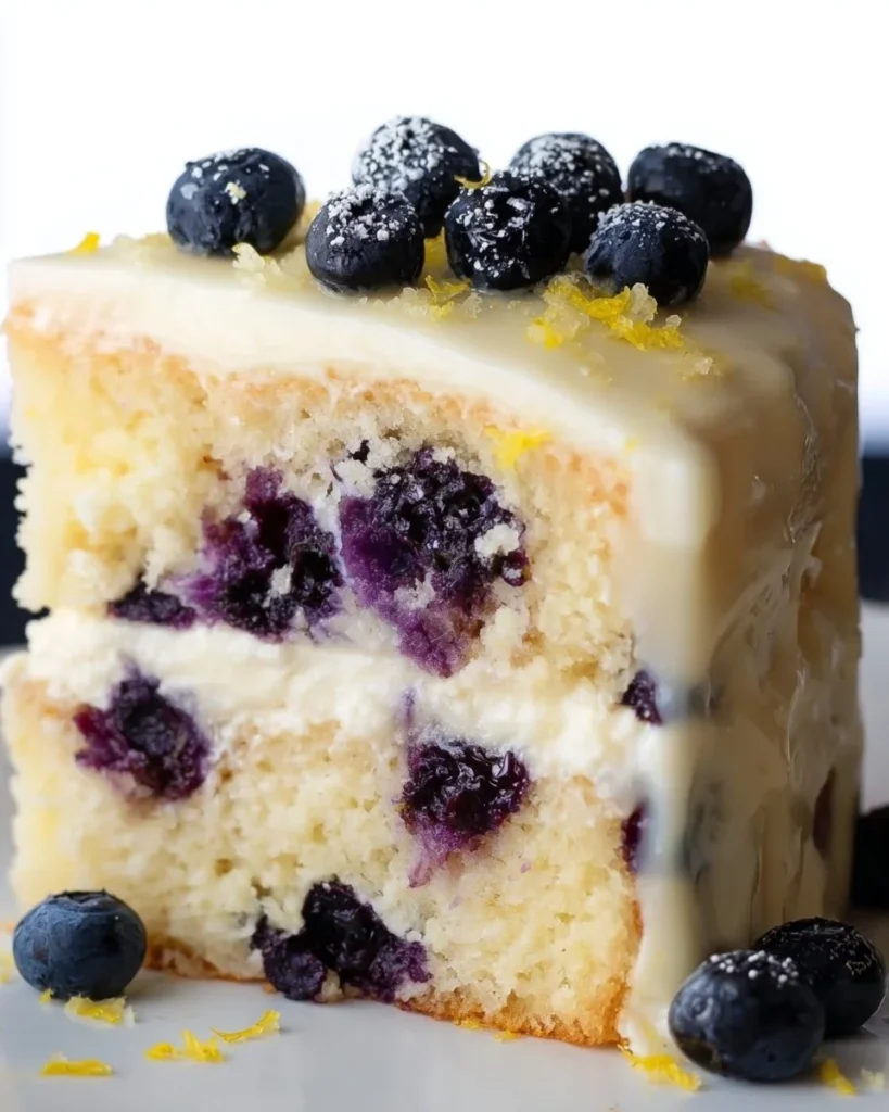 Slice of moist Lemon Blueberry Cake with blueberries and lemon zest on top