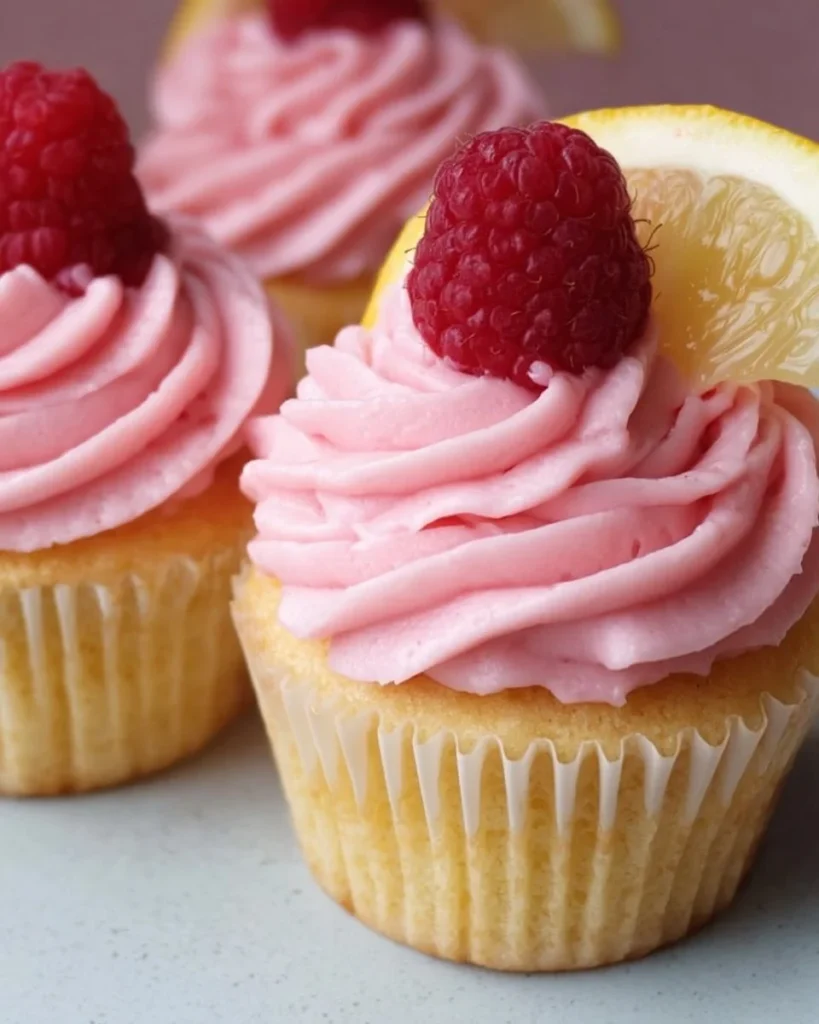 Lemon cupcakes with raspberry buttercream frosting displayed on a platter.