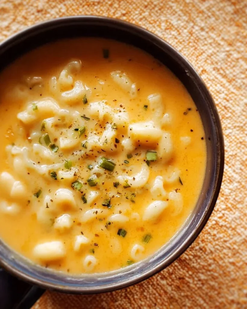 Creamy Mac and Cheese Soup served in a bowl with a sprinkle of cheese on top.