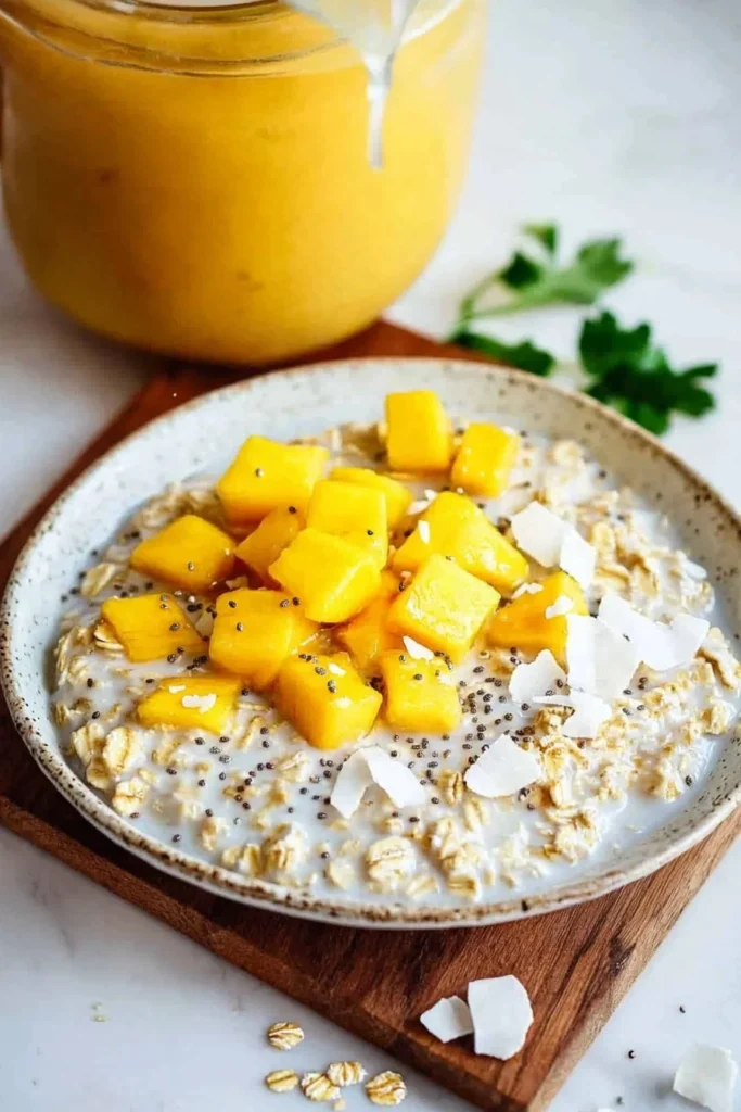 Bowl of mango coconut overnight oats topped with fresh mango slices and coconut flakes.