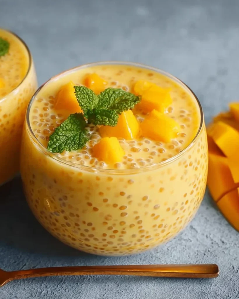 Bowl of Mango Sago dessert topped with fresh mango and coconut milk