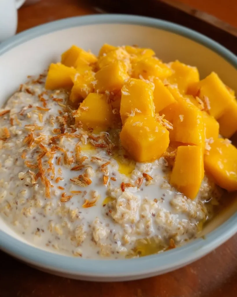 Bowl of Mango Sticky Oatmeal topped with fresh mango slices and coconut