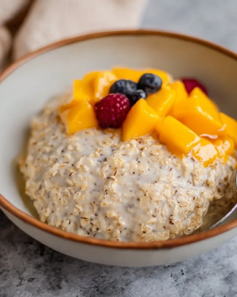 Bowl of Mango Sticky Oatmeal topped with fresh mango slices and coconut milk