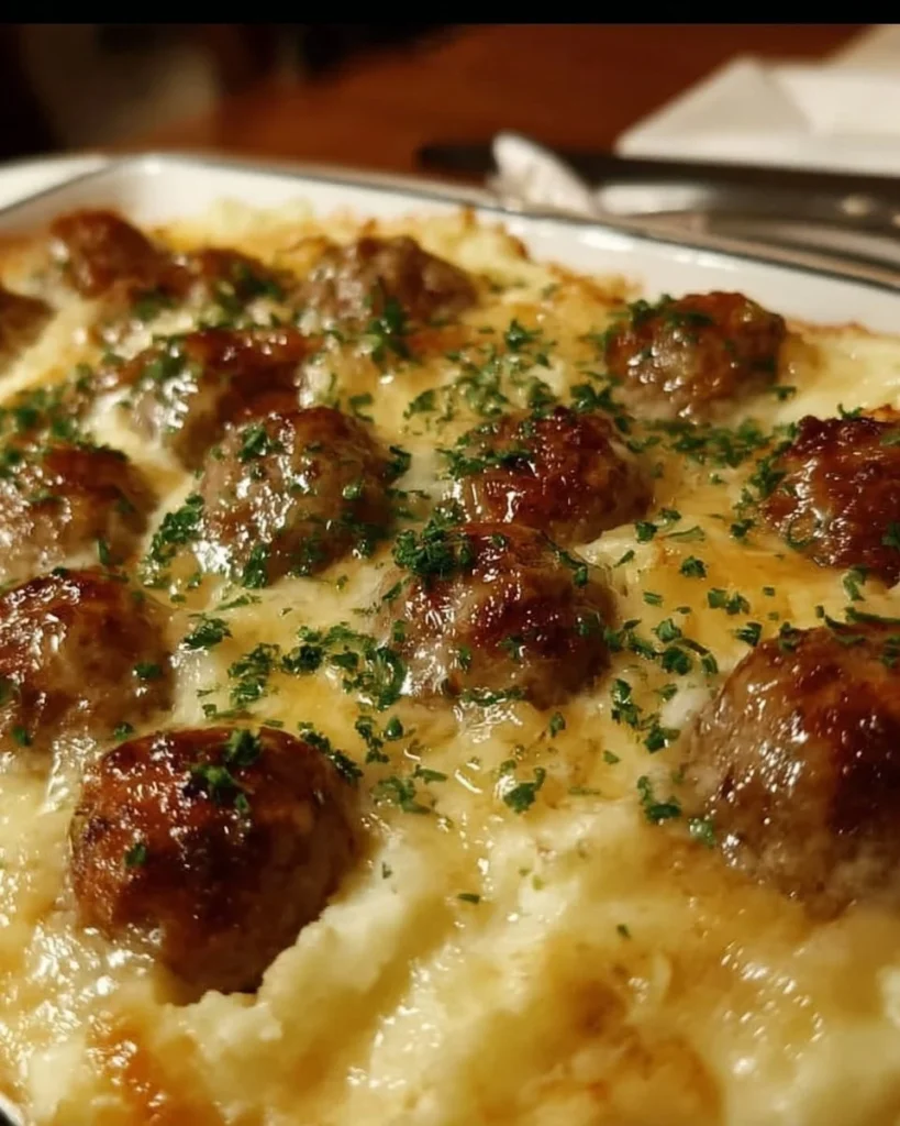 Savory Meatball and Mashed Potato Bake topped with cheese and herbs