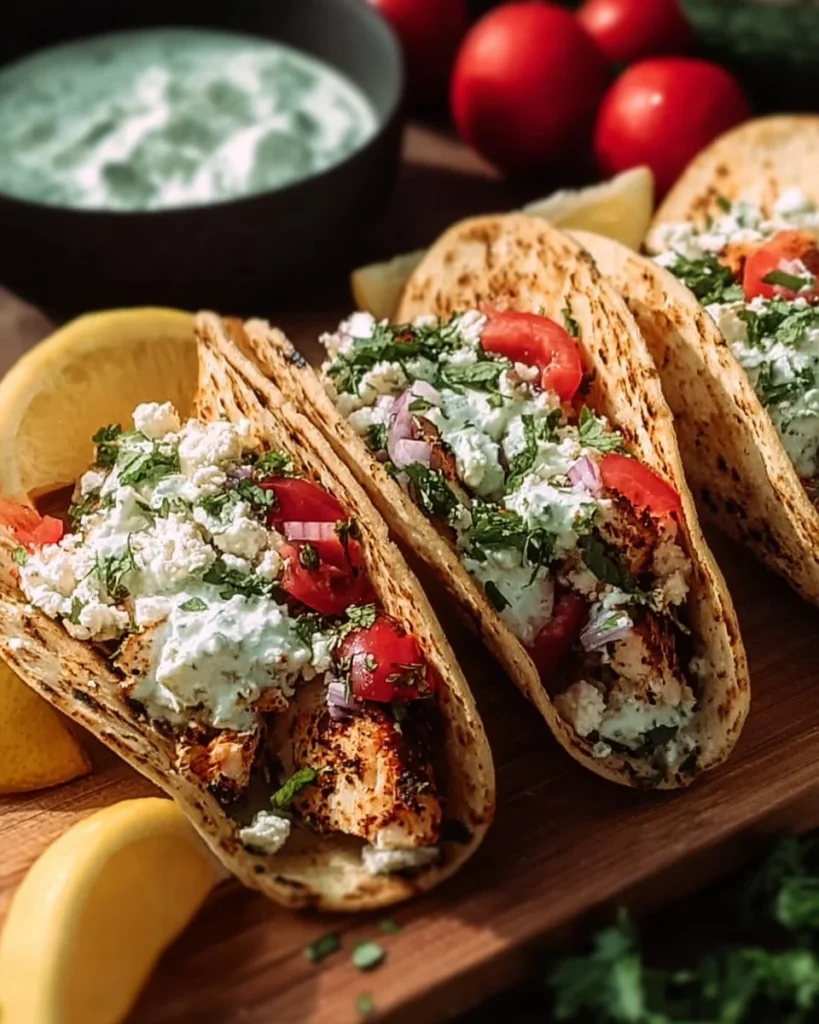 Mediterranean Chicken Tacos with creamy tzatziki sauce and fresh garnishes