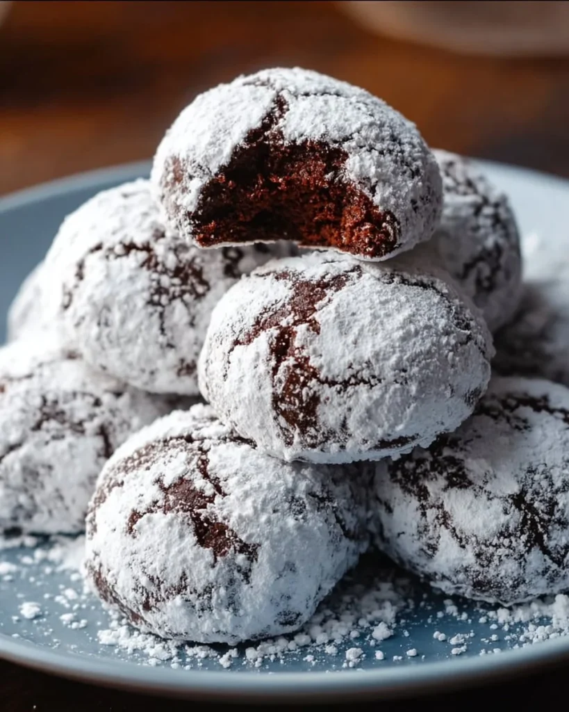 Melt-in-your-mouth chocolate snowball cookies on a festive plate