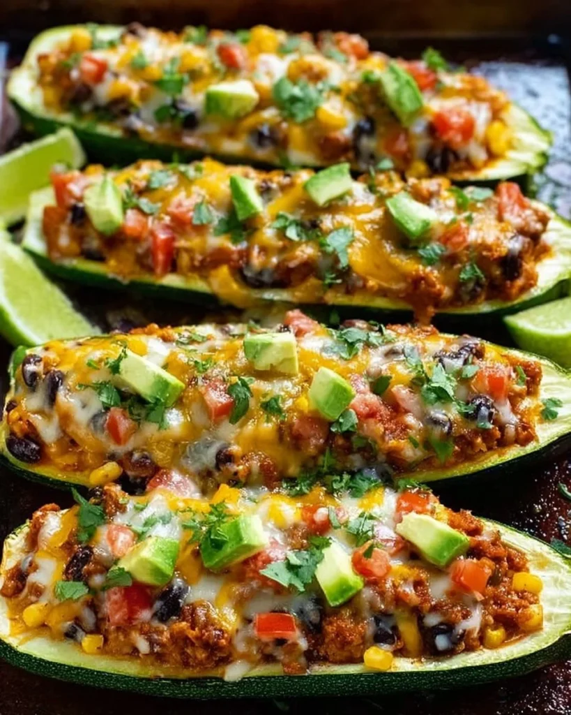 Mexican-style zucchini boats filled with seasoned ingredients and cheese