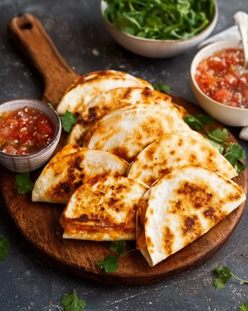 Plate of mini chicken quesadillas served with salsa and guacamole.
