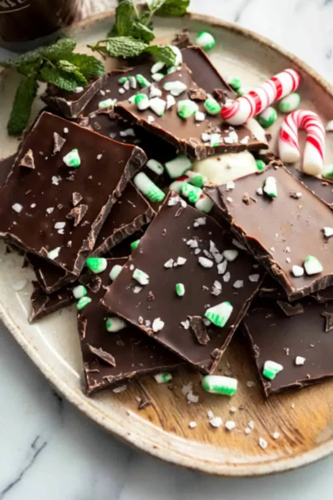 Delicious Mint Chocolate Bark decorated with crushed peppermint candy.
