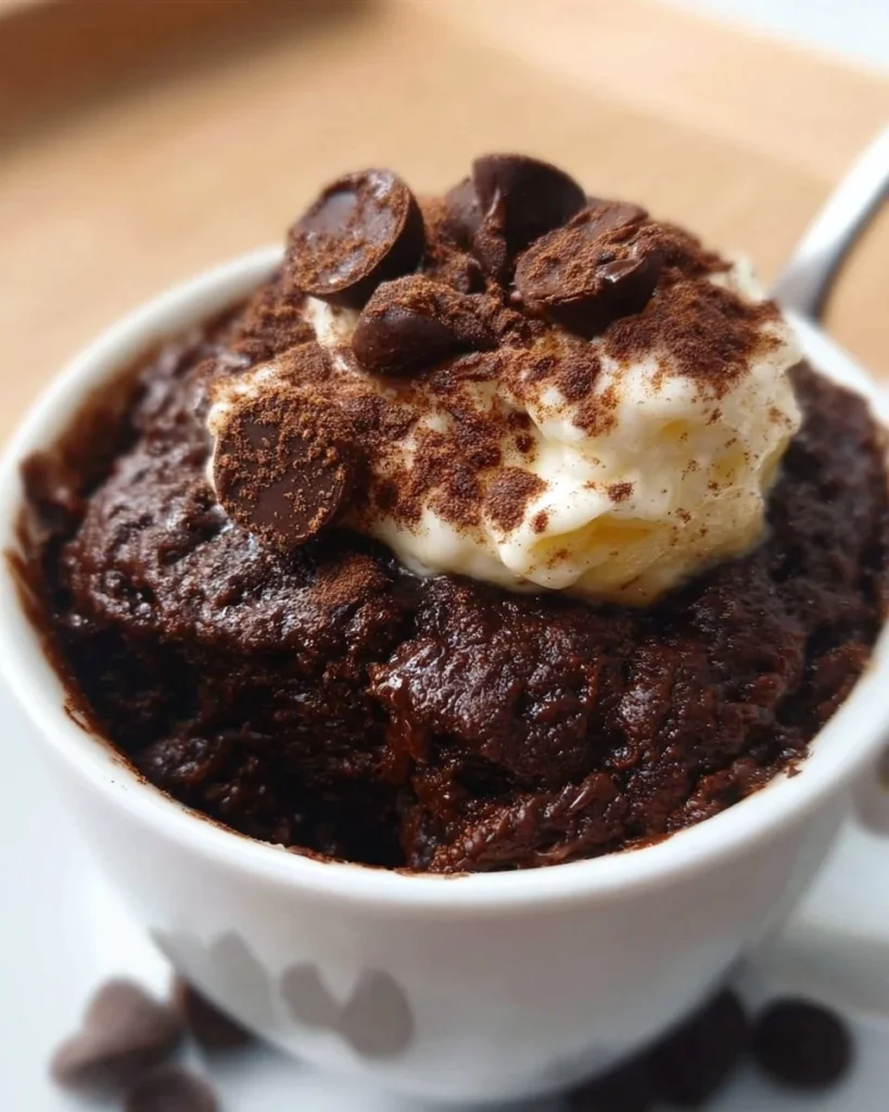Moist protein mug cake topped with chocolate and berries for a healthy dessert