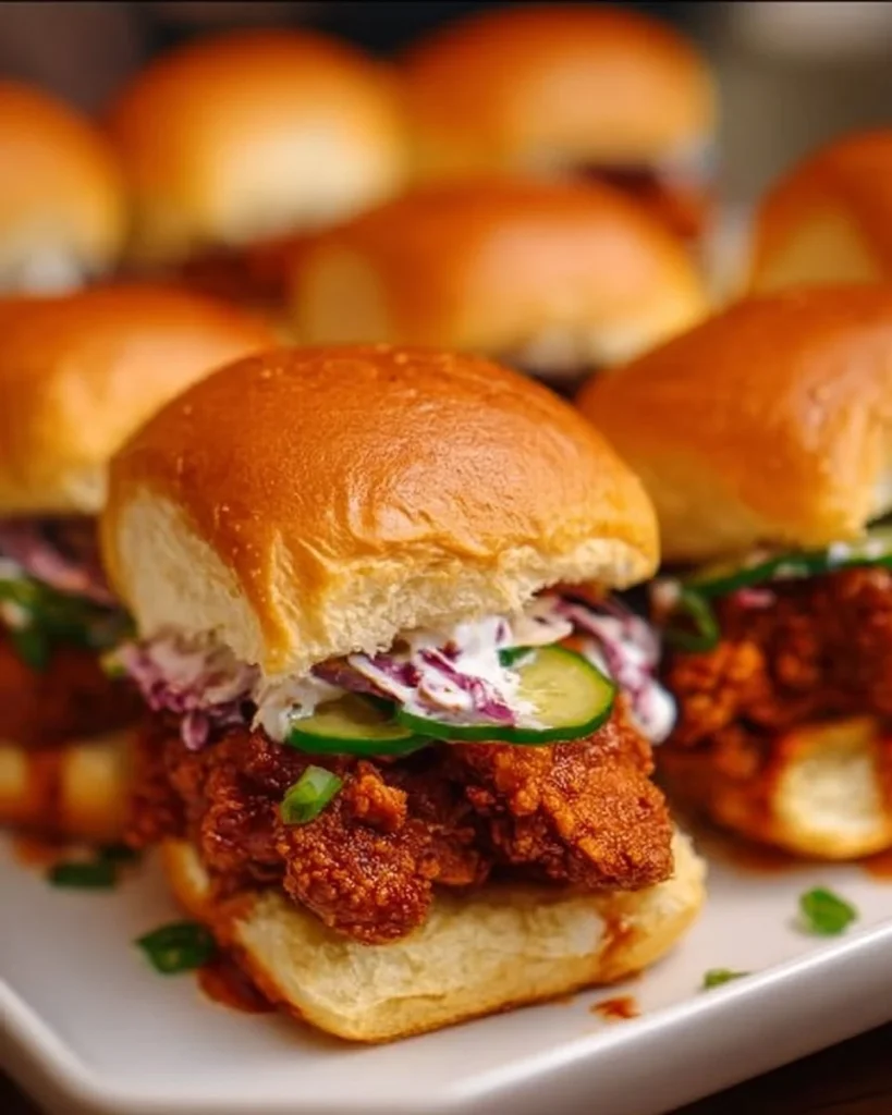 Nashville hot chicken sliders served on a platter with pickles