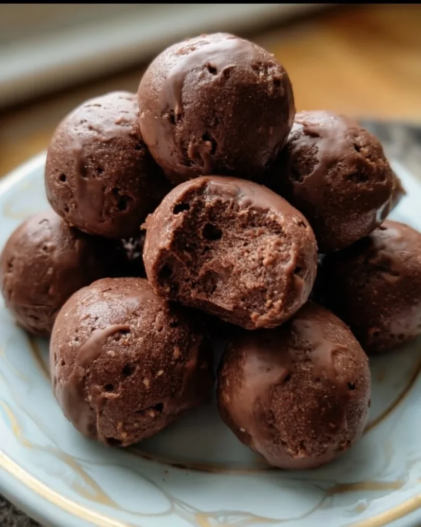 No-bake cottage cheese brownie batter protein bites on a plate
