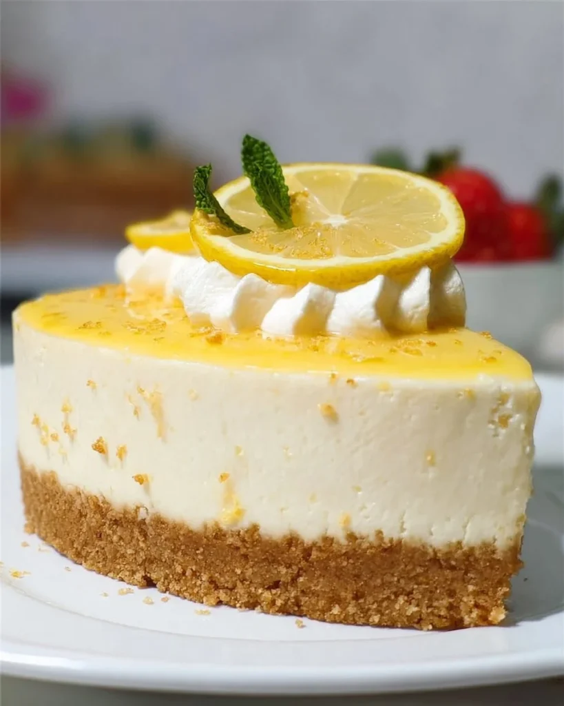 No bake lemon cheesecake garnished with lemon slices and mint leaves.