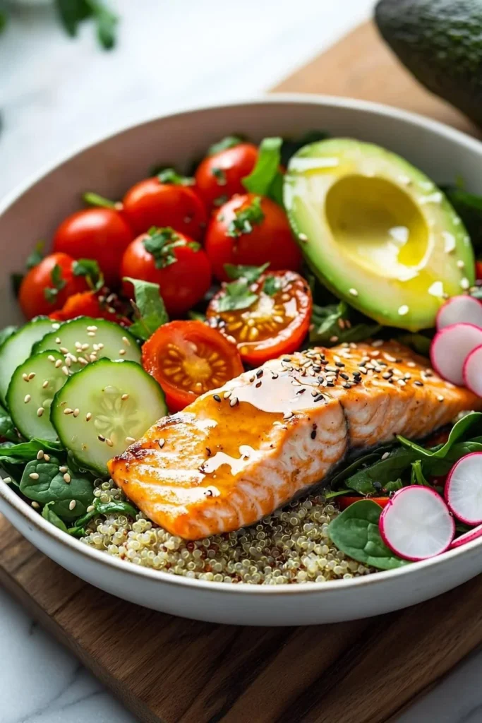 Nourishing salmon bowl with fresh vegetables and grains