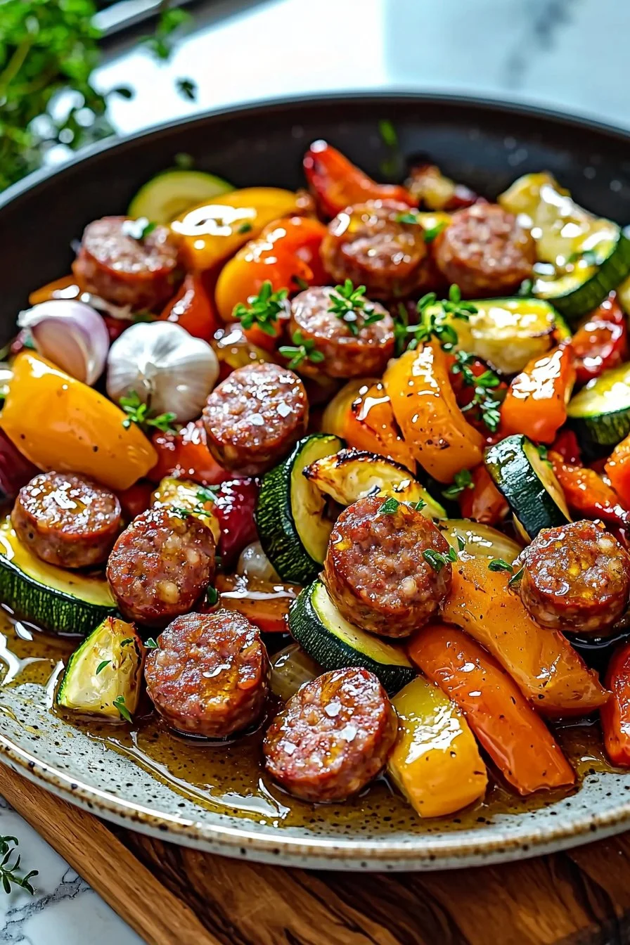 One-Pan Honey Garlic Beef Sausage & Veggies