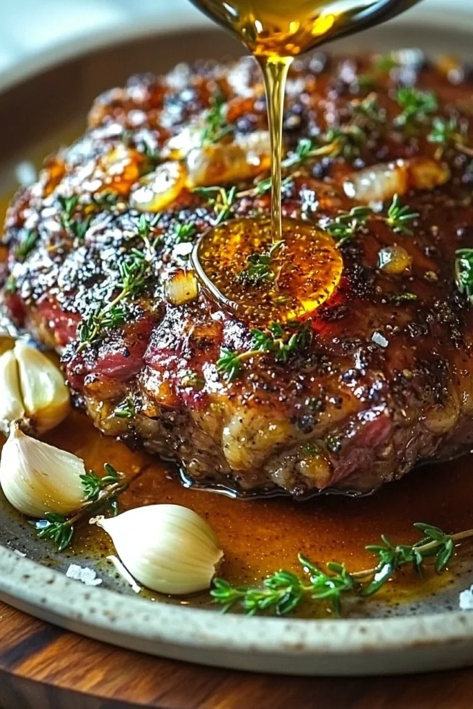 Oven-cooked lamb shoulder with garlic, honey, and mustard on a serving platter