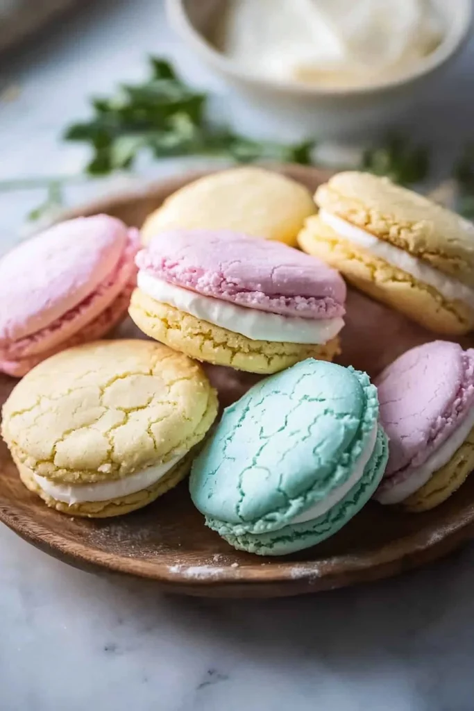 Pastel sugar cookie sandwiches with colorful frosting filling