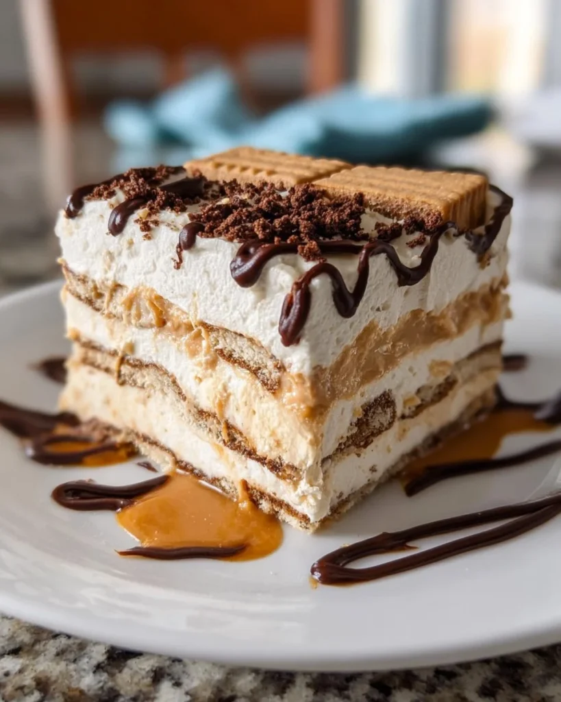 Delicious Peanut Butter Icebox Cake served on a plate with chocolate drizzle