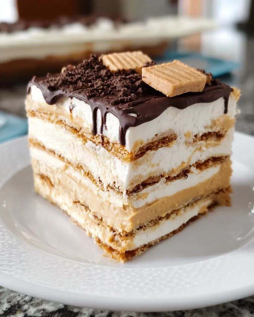 Delicious Peanut Butter Icebox Cake served on a plate
