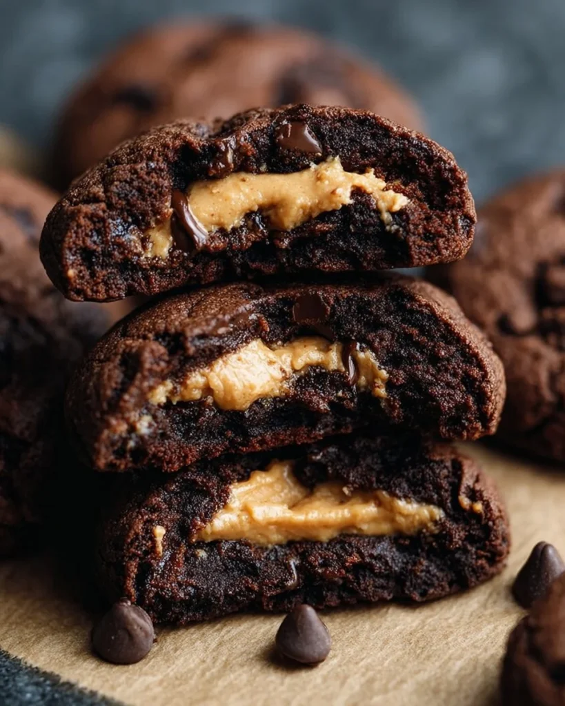 Peanut butter stuffed chocolate cookies on a plate with a glass of milk