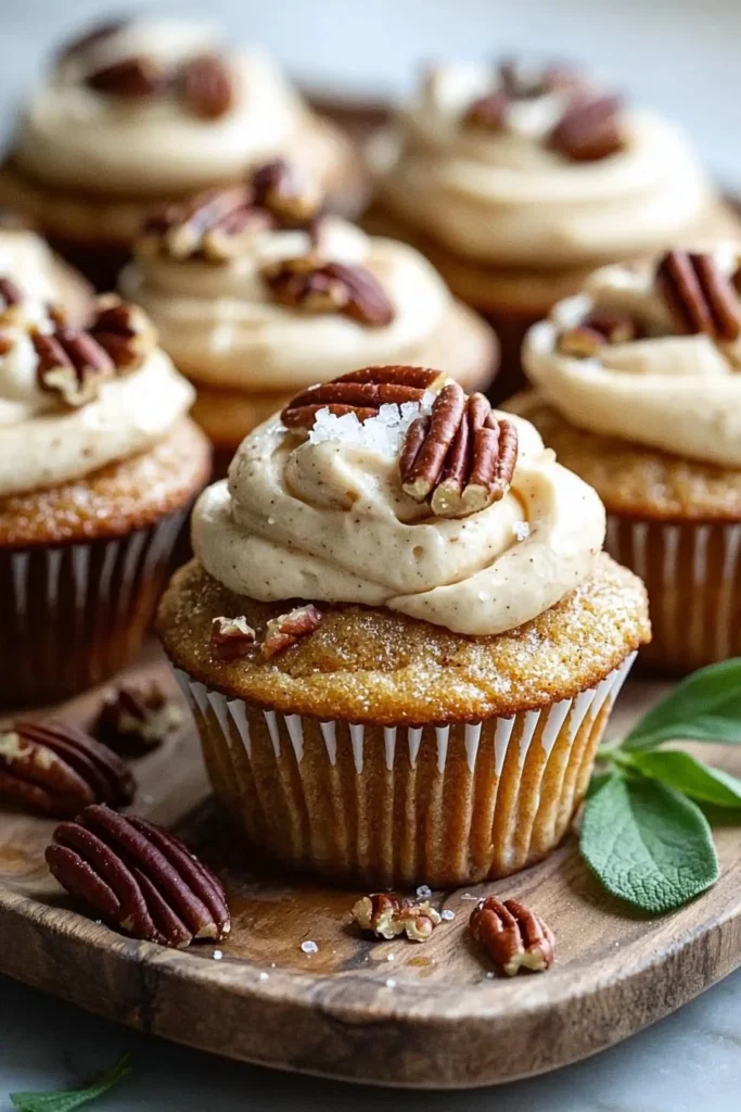Pecan pie cupcakes with brown sugar frosting displayed on a rustic wooden table