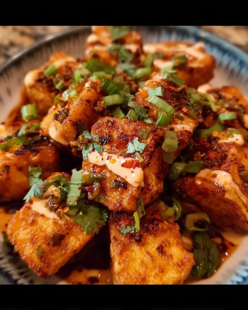 A plate of flavorful Pica Tofu served with vegetables and herbs