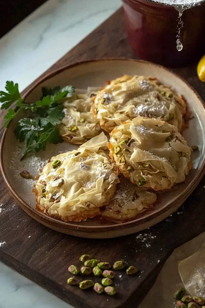 Homemade pistachio kadayif cookies with flaky layers and crushed nuts.