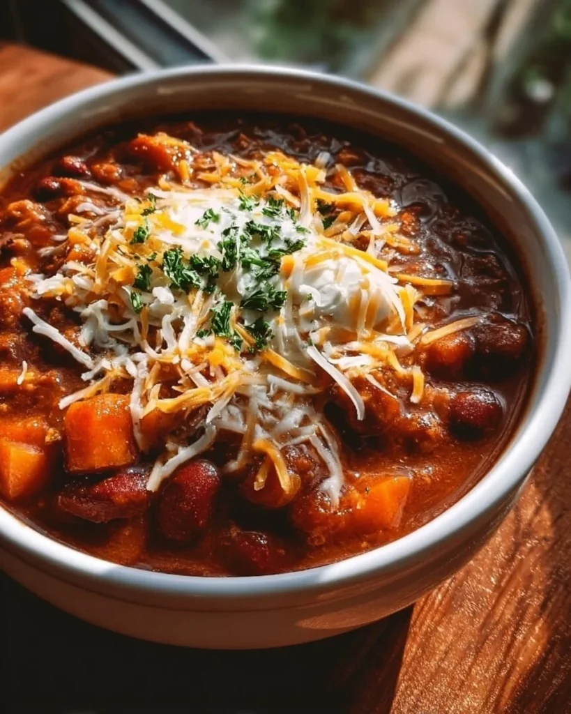Delicious bowl of prize-winning pumpkin chili topped with fresh herbs.