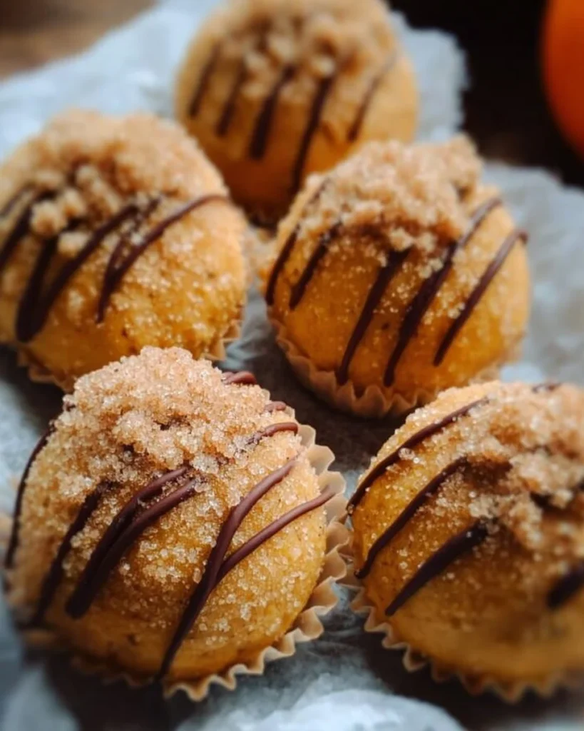 Deliciously creamy Pumpkin Cheesecake Truffles topped with spices and drizzled chocolate.