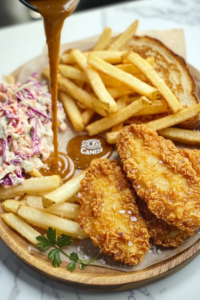 Delicious chicken meal from Raising Canes served with fries and dipping sauce