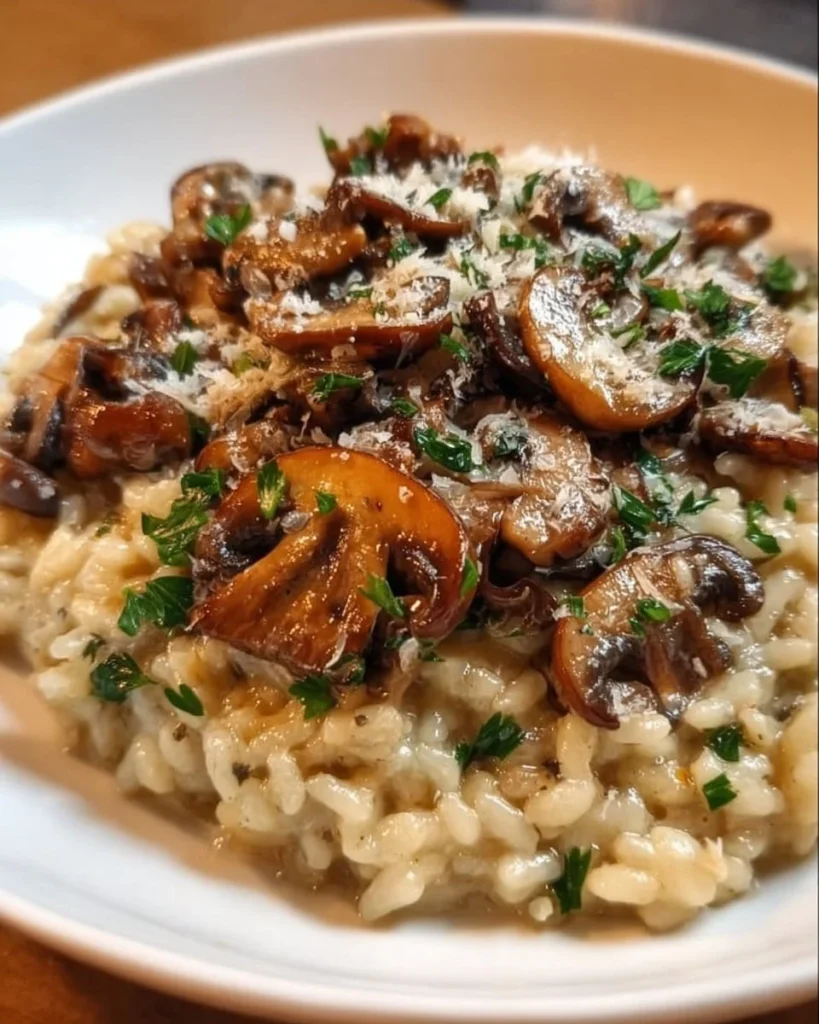 A creamy risotto with mushrooms elegantly plated, showcasing its rich texture.