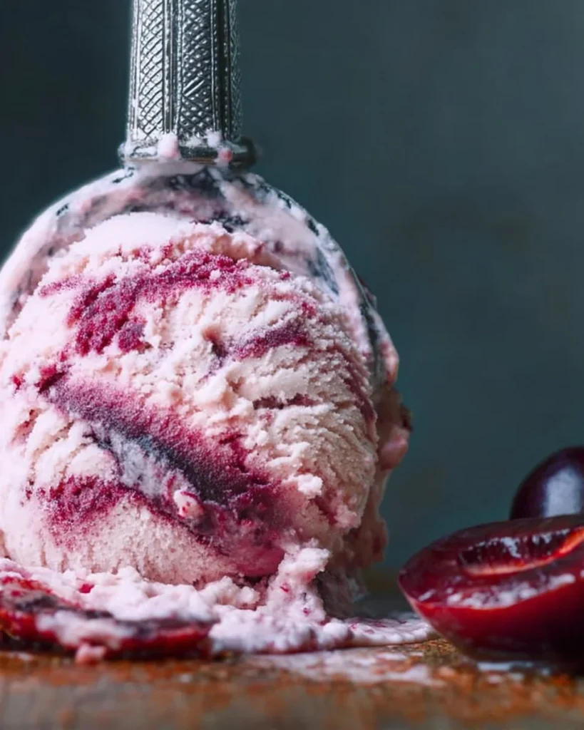 Bowl of roasted plum swirl ice cream with fresh plums and a swirl of plum sauce