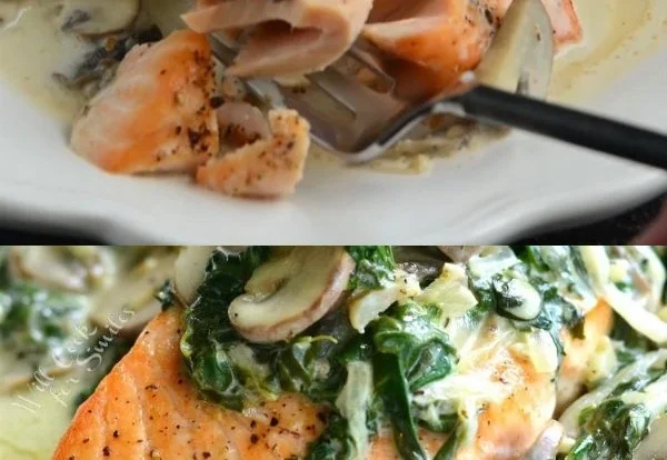 Plate of Salmon Florentine with spinach and creamy sauce