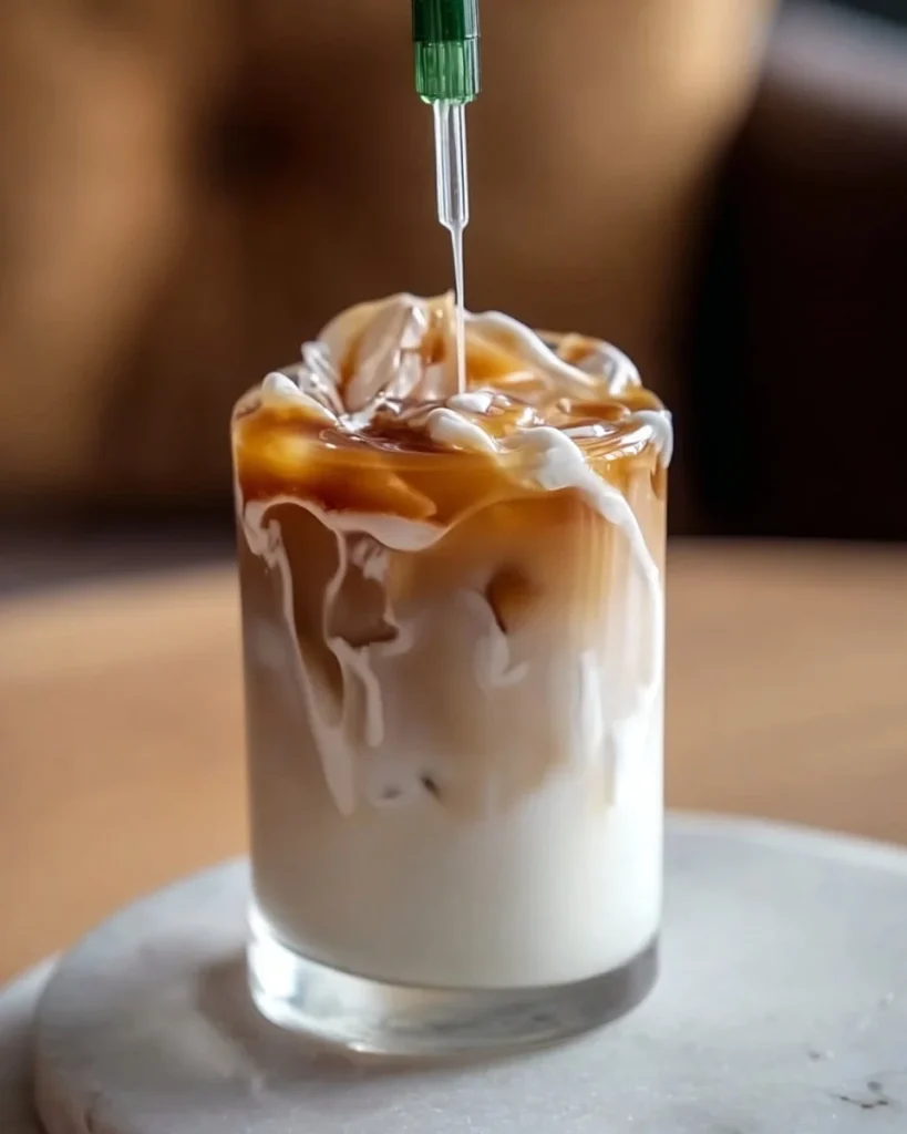Delicious salted caramel iced latte topped with whipped cream and caramel drizzle
