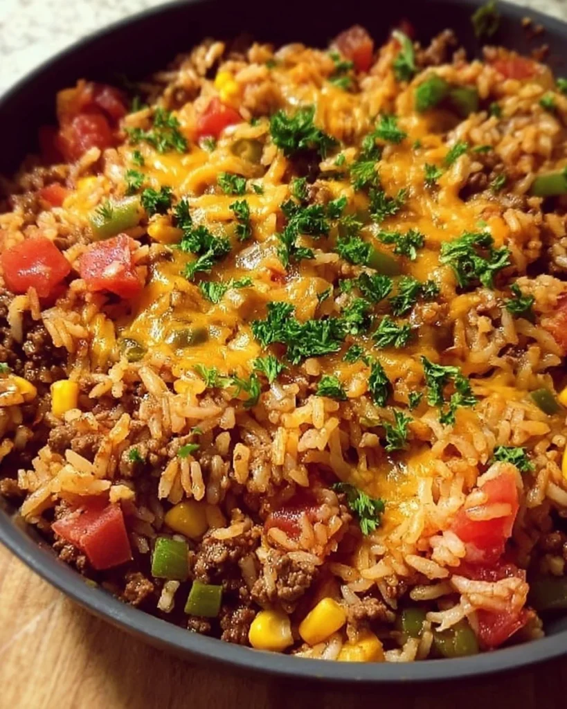 Satisfying ground beef and rice skillet dish ready to serve, garnished with herbs.
