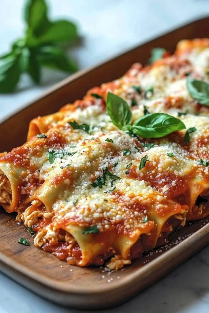 Plate of Sicilian Chicken Cannelloni garnished with herbs
