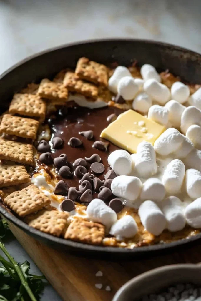 Delicious Skillet S'mores Dip with melted chocolate and toasted marshmallows