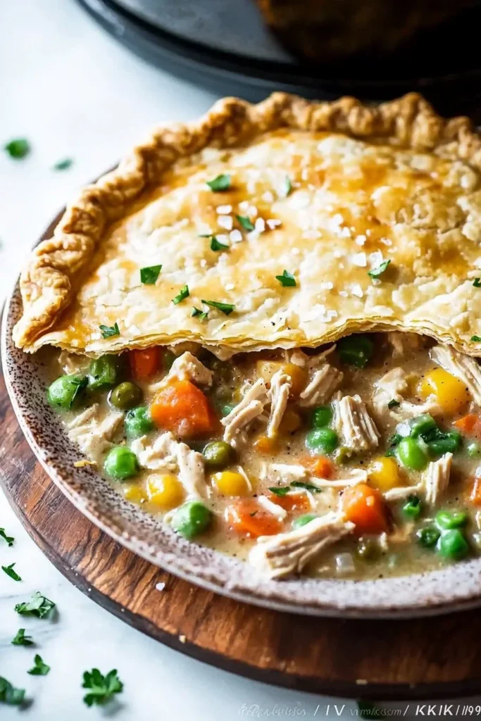 Delicious slow cooker chicken pot pie filled with tender chicken and vegetables
